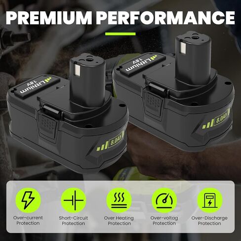 2 Pack Upgrade 8000mAh High Capacity P108 Replacement for Ryobi 18V Battery Lithium ion Compatible with Ryobi 18 Volt Battery P102 P103 P104 P105 P107 P108 P109 P122 Cordless Tool Batteries (Green) in Saudi Arabia