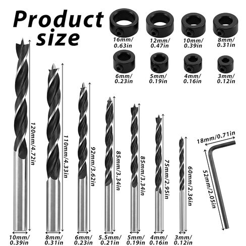 16 Pack Professional Wood Twist Drill Bits 3/4/5/5.5/6/8/10mm Wooden Working Drills Brad Point Wood Drill Bit Set with 3-16MM Drills Stop Collars for Woodworking DIY in Kuwait