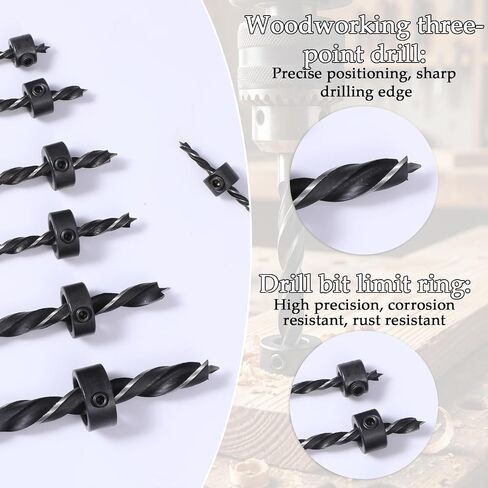 16 Pack Professional Wood Twist Drill Bits 3/4/5/5.5/6/8/10mm Wooden Working Drills Brad Point Wood Drill Bit Set with 3-16MM Drills Stop Collars for Woodworking DIY in Kuwait