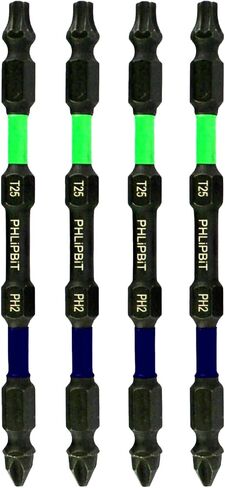 ORiGiNAL - T25+PH2 IMPACT BiT, 4 INCH, 4pk. Double End+Double Duty, USA-4T25PH2X4 (Lime Green/Blue Drives #25 Torx/Star/GRK + #8/10 Phillips Screw) Fits "ULT" MULTi S/Driver in Saudi Arabia