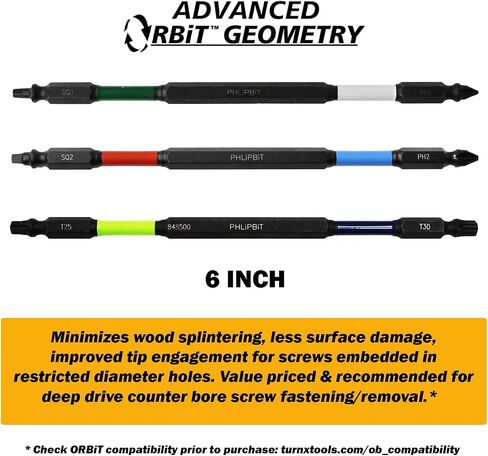 ORBiT - SQ1+PH1/SQ2+PH2/T25+T30 IMPACT BiT 3pc. 6 INCH, 6 TiPS, Modified Geometry, Double End+Double Duty (Drives #4/6/8/10 SQ+PH & T25/T30 Screws) in Kuwait