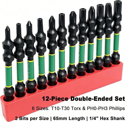 12-Piece Double-Ended Torx & Phillips Screwdriver Bit Set, 1/4" Hex Shank 65mm, Premium S2 Steel (HRC 58-62), Magnetic Impact Grade, TT10-TT30 & PH0-PH3, Heavy Duty for Impact Drivers & Power Drills in Kuwait