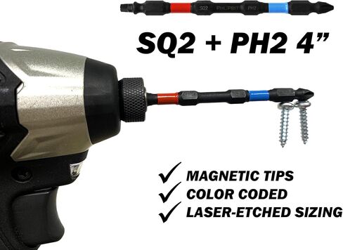 ORBiT - SQ2+PH2 IMPACT BiT, Mod. Geometry, 6 INCH, 4pk. Double End+Double Duty, USA-O6SQ2PH2X4 (Red/Blue Drives SQ+PH #8/10 Screw) "ULT" MULTi S/Driver Compatible in Saudi Arabia