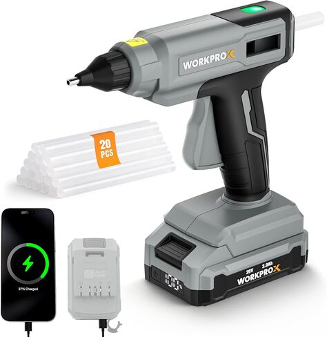 WORKPROX Cordless Hot Glue Gun, 90min Runtime, 20V Rechargeable Full-Size Glue Gun Kit with 20pcs Glue Sticks, 2Ah Battery, USB-C Charging Cord, Smart Power-Off for DIY Crafts, Repair, School Projects in Kuwait