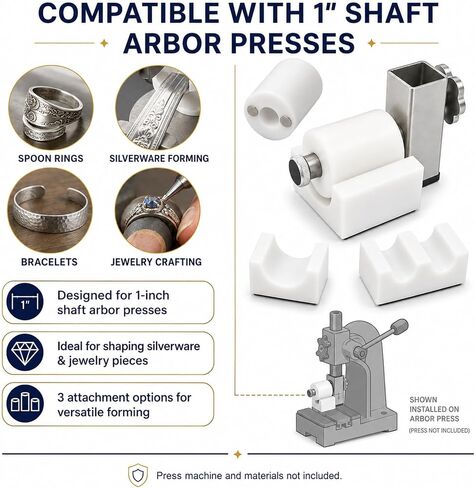 Spoon Ring Maker Attachment for 1" Shaft Arbor Press, 3-Piece Silverware Bending Dies for Jewelry Making, Bracelet Forming, Flatware Crafts and DIY Metalworking, Press Not Included in Kuwait