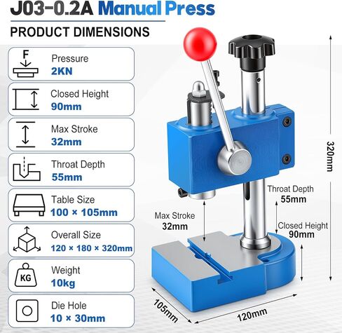 Manual Arbor Press J03-0.2a 2kn Spring Loaded Precision Manual Shaft Press Heavy Duty Benchtop Hole Punch Machine with Adjustable Stroke for Leather Jewelry Metal Punching, Bending in Kuwait
