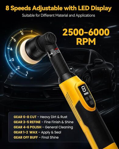 Cordless Mini Car Buffer Polisher Fit for Dewalt 20V Battery(No Battery) | RO/DA Mini Car Polisher with 8 Speeds 2500‑6000 RPM, LED Display for Car Boat Polish in Kuwait
