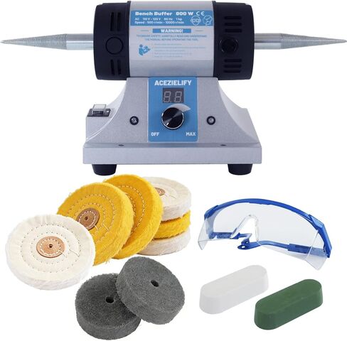 450W Jewelry Polisher, Variable Speed Bench Polishing Machine | Profesional Desktop Buffer Motor with 4'' Cotton, 3'' Fiber Buffing Wheels, Safe Glasses, Polish Compound for Jewelry Metal in Kuwait