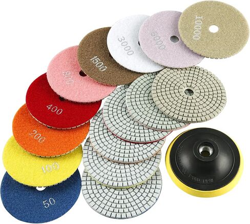 LOZLIN 4 Inch Diamond Polishing Pads with 5/8’’-11 Backer Pad,16PCS Wet/Dry Stone Polish Kit for Drill,Angle Grinder,Rock Polisher,50-10000 Grit for Concrete,Marble,Quartz,Tile,Countertop & Rock in Kuwait