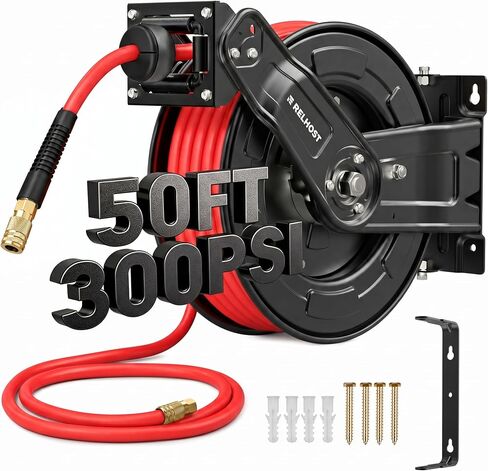 Retractable Air Hose Reel, 50 ft x 3/8 in SBR Rubber Hose Max 300PSI, Heavy Duty Air Compressor with Dual Arms, Auto Rewind, 180° Swivel Ceiling/Wall Mount for Garages, Workshops in Kuwait