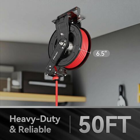 Retractable Air Hose Reel, 50 ft x 3/8 in SBR Rubber Hose Max 300PSI, Heavy Duty Air Compressor with Dual Arms, Auto Rewind, 180° Swivel Ceiling/Wall Mount for Garages, Workshops in Kuwait