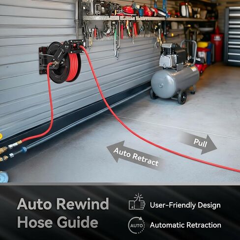 Retractable Air Hose Reel, 50 ft x 3/8 in SBR Rubber Hose Max 300PSI, Heavy Duty Air Compressor with Dual Arms, Auto Rewind, 180° Swivel Ceiling/Wall Mount for Garages, Workshops in Kuwait