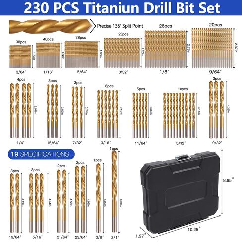 230 Pcs Titanium-Coated Twist Drill Bit Set, 135° Split Point High-Speed Steel Bits for Metal, Wood, Plastic, Aluminum, Cast Iron & Fiberglass, Heavy-Duty Case with Metal Latches, 3/64" to 1/2" in Kuwait