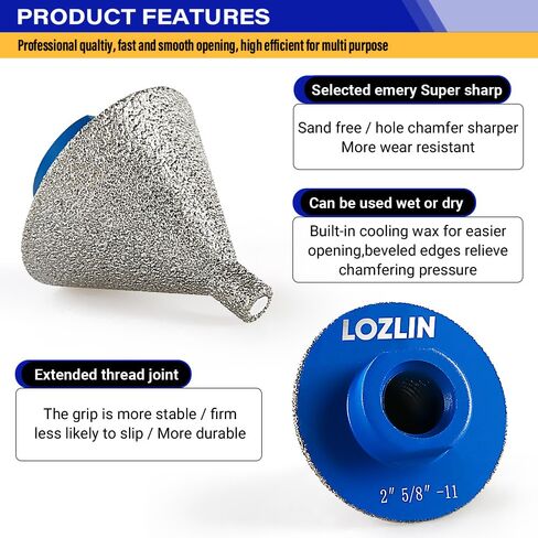 LOZLIN 2 Inch 50mm Diamond Core Drill Bit, Diamond Beveling Hole Saw for Drilling, Hole Enlarging, Polishing, Arc Trimming, Fit for Granite, Marble, Tile, Ceramic, Stone, 5/8"-11 Thread in Kuwait