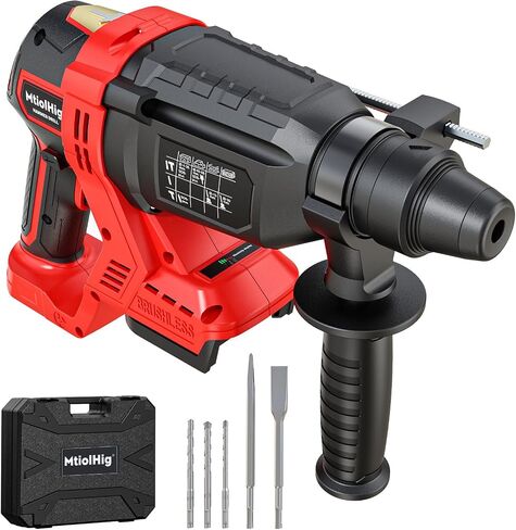 MtiolHig 1" SDS-Plus Cordless Rotary Hammer Drill Compatible with Milwaukee 18V Battery, 3J Impact Energy Brushless Motor, 7-Speed Variable 4-Mode with 5 Chisel/Bit Set for Concrete/Masonry, Tool Only in Kuwait
