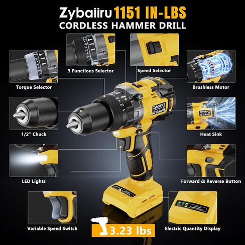 Cordless Hammer Drill 1151In·lbs - Compatible with DeWalt 20V MAX Battery - 1/2" Brushless Impact Drill with 28500 BPM ＆ 20+3 Clutch ＆ 2 Speed for Drilling Bricks Metal Concrete (Tool Only) in Kuwait