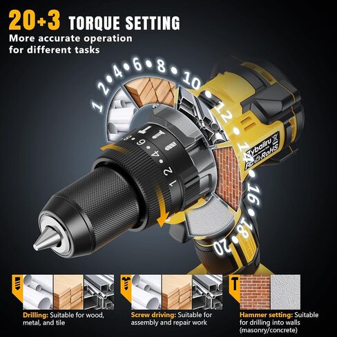 Cordless Hammer Drill 1151In·lbs - Compatible with DeWalt 20V MAX Battery - 1/2" Brushless Impact Drill with 28500 BPM ＆ 20+3 Clutch ＆ 2 Speed for Drilling Bricks Metal Concrete (Tool Only) in Kuwait