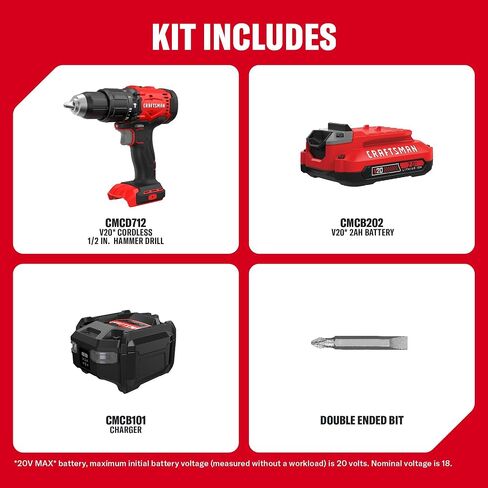 CRAFTSMAN 20V MAX 1/2 Cordless Hammer Drill, Includes Battery (2 Ah), Charger and Double Ended Bit, Variable Speed Power Hammer Drill with LED Light (CMCD712D1) in Kuwait