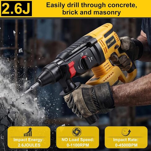 SDS-Plus Rotary Hammer Drill Compatible with Dewalt 20V MAX Battery | Cordless, Brushless, 2.6J, 4500BPM, 4-Mode Drill Hammer Chisel, 360° Anti-Vibration Handle, 5 Bits, Battery NOT Included in Kuwait