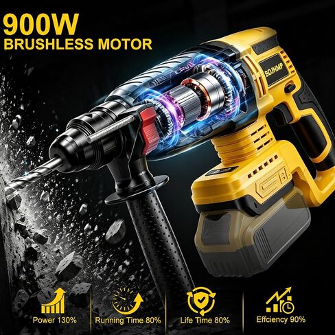 SDS-Plus Rotary Hammer Drill Compatible with Dewalt 20V MAX Battery | Cordless, Brushless, 2.6J, 4500BPM, 4-Mode Drill Hammer Chisel, 360° Anti-Vibration Handle, 5 Bits, Battery NOT Included in Kuwait