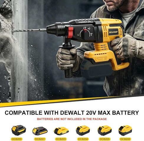 SDS-Plus Rotary Hammer Drill Compatible with Dewalt 20V MAX Battery | Cordless, Brushless, 2.6J, 4500BPM, 4-Mode Drill Hammer Chisel, 360° Anti-Vibration Handle, 5 Bits, Battery NOT Included in Kuwait