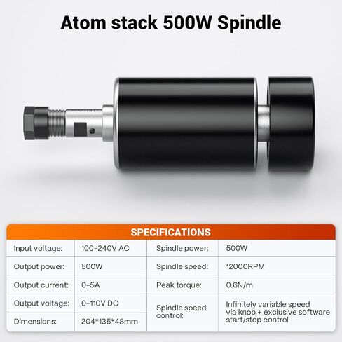 CNC Spindle Motor 500W with Power Control Box, 12000 RPM, 600 mN.m, ER11 Chuck, 52mm Diameter Spindle for DIY CNC Engraving and Milling in Kuwait