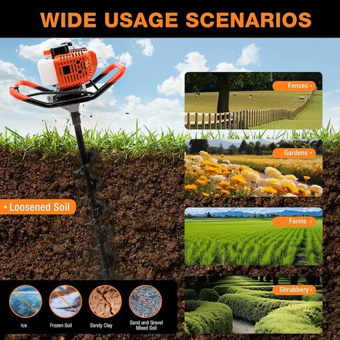 Auger Post Hole Digger, 52CC Gas Powered 2-Stroke Earth Auger with 4", 6" & 8" Drill Bits, 2.3HP Single Cylinder Engine, 1.2L Fuel Tank, for Tree Planting, Fence Stakes, Greenhouse Poles, Cable Poles in Kuwait