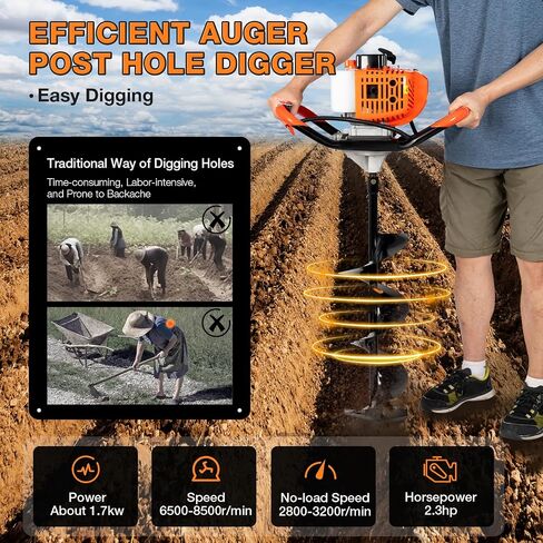Auger Post Hole Digger, 52CC Gas Powered 2-Stroke Earth Auger with 4", 6" & 8" Drill Bits, 2.3HP Single Cylinder Engine, 1.2L Fuel Tank, for Tree Planting, Fence Stakes, Greenhouse Poles, Cable Poles in Kuwait