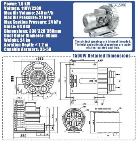 Multi-Use Regenerative Ring Pump High Pressure Vortex Blower Industrial High-Pressure Equipment，High-Pressure Industrial Regenerative Blower - 220V 1500W Vortex Design for Air Blowing, Sucti in Kuwait