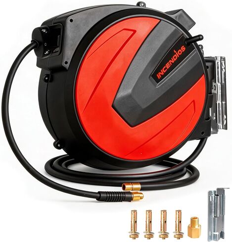 3/8" x 100 FT Retractable Air Hose Reel - Hybrid Polymer Air Compressor Hose Reel, Heavy Duty Industrial Steel with 6.56 FT Lead-in, Max 300 PSI, 180° Swivel Wall/Ceiling Mount for Garage and Shop in Kuwait
