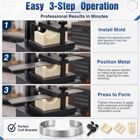 Arbor Press Attachment Set for 1" Shaft, 3-in-1 Spoon Ring Bender Dies for Silverware Jewelry Making, Bracelet Forming Tool, Press Not Included in Kuwait