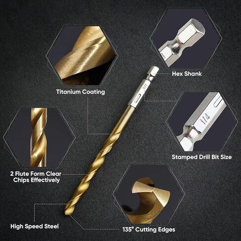 50pcs Titanium Coated HSS Drill Bit Set | 135° Split Point Tip, Hex Shank | Durable Bits for Steel, Aluminum, Copper & Alloys | Includes Storage Case Gold in Kuwait
