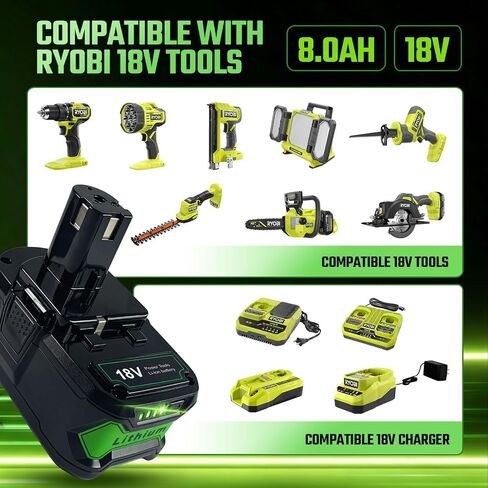 2-Pack 8000mAh Replacement Battery for Ryobi 18V Tools, High Capacity Li-ion with LED Fuel Gauge, Compatible with P108 P104 P105 P102 P103 P122 P109 and 100+ Cordless Power Tools (Not Made in Ryobi) in Kuwait