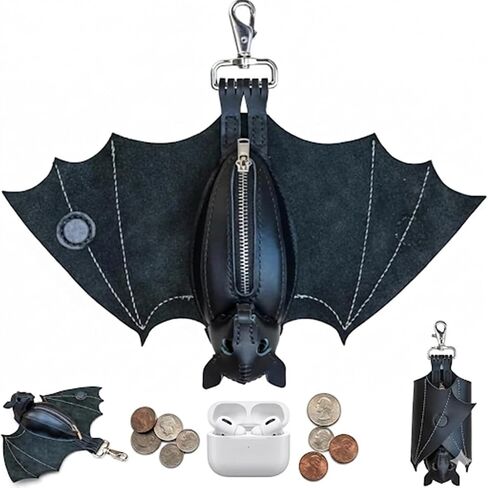 Gothic Bat Leather Coin Pouch - Handmade Winged Zippered Keychain Wallet, Foldable Bag/Belt Accessory, Unique Hand-Sewn Gift in Saudi Arabia
