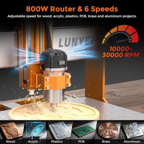 LUNYEE 4040 Nova CNC Router Machine, 800W Router with ER11 Collet, HG15 Linear Rails & Ball Screws on XYZ Axis, 400 x 400mm Work Area, NEMA 23 Motors, Desktop CNC for Aluminum, Wood, Acrylic, PCB in Kuwait