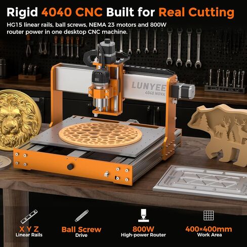LUNYEE 4040 Nova CNC Router Machine, 800W Router with ER11 Collet, HG15 Linear Rails & Ball Screws on XYZ Axis, 400 x 400mm Work Area, NEMA 23 Motors, Desktop CNC for Aluminum, Wood, Acrylic, PCB in Kuwait