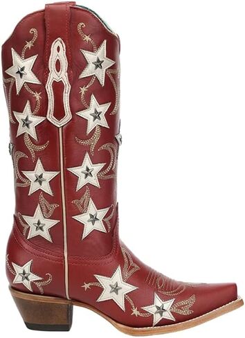 Corral Boots Womens Embroidered Stars Overlay Studs Snip Toe Pull On Casual Boots Mid Calf Mid Heel 2-3" - Red in Saudi Arabia