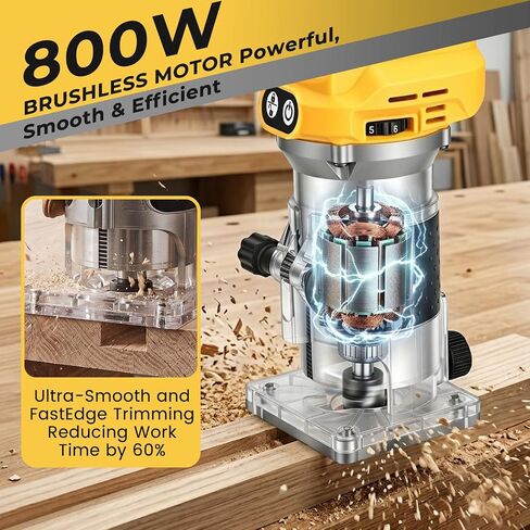 Cordless Compact Router Compatible with DeWalt 20V Battery (Tool Only, No Battery), 800W Brushless Wood Palm Router, 6 Variable Speeds, Aluminum Base, Fixed Base Router for Woodworking in Kuwait