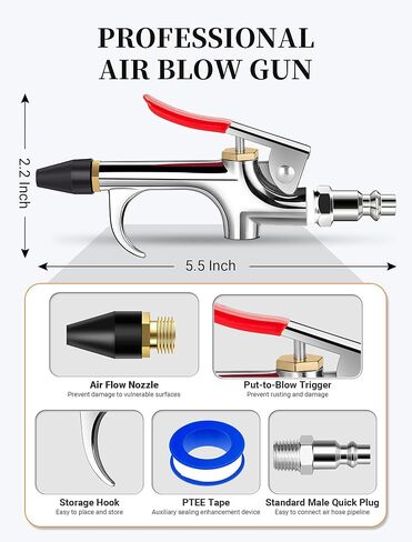 JASTIND Air Blow Gun Kit, 2-Way Connection Air Nozzle Blow Gun with 1/4 IN NPT Standard Quick Plug & Rubber Tip, Air Compressor Accessories Blower Gun for Dust Cleaning in Kuwait