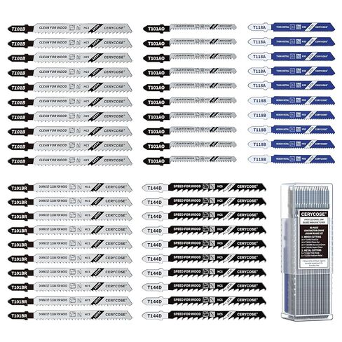 Cerycose 50 Piece T-Shank Jigsaw Blade Set with Storage Case, HCS & HSS Assorted Jig Saw Blades for Wood, Plastic & Metal Cutting | Includes Models T118A, T118B, T101AO, T101B, T101BR, T144D in Kuwait