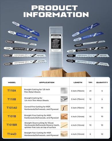 Cerycose 50 Piece T-Shank Jigsaw Blade Set with Storage Case, HCS & HSS Assorted Jig Saw Blades for Wood, Plastic & Metal Cutting | Includes Models T118A, T118B, T101AO, T101B, T101BR, T144D in Kuwait