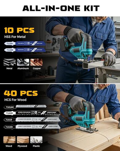 Cerycose 50 Piece T-Shank Jigsaw Blade Set with Storage Case, HCS & HSS Assorted Jig Saw Blades for Wood, Plastic & Metal Cutting | Includes Models T118A, T118B, T101AO, T101B, T101BR, T144D in Kuwait