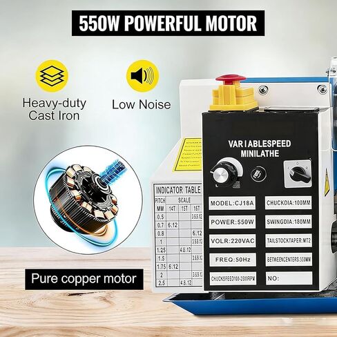 7"x14" Benchtop Mini Metal Lathe, 550W Variable Speed Up to 2250 RPM with 3-Jaw Self-Centering Chuck, High Precision Hobby Metalworking Machine for DIY & Small Workshop in Kuwait