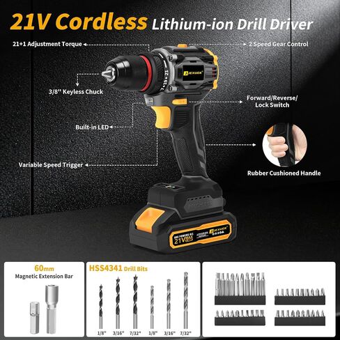 JEXUGK 60Nm Cordless Drill Tool Set, 21V Brushless Drills Kit with 2 x 2.0Ah Battery, Portable Household Basic Driver Case for Men & Women, Lady's Taladro Inalámbrico Toolbox for Home Hand Repair DIY in Kuwait
