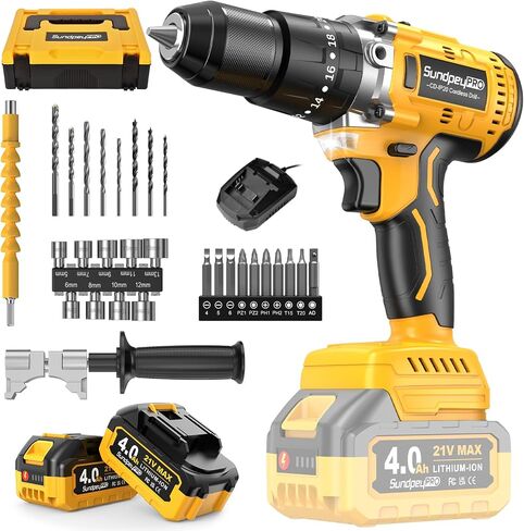 1060In·lbs Cordless Power Drill - 21V Brushless Hammer Drill Set w/ 2×4.0Ah Battery, 20+3 Torque, 2 Speed, 1/2" Metal Chuck for Home DIY Woodworking Thin-Metal Brick Light-Concrete Drilling in Kuwait