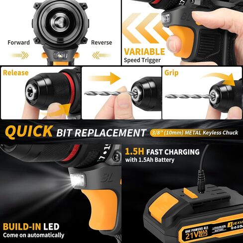 JEXUGK 60Nm Cordless Drill Tool Set, 21V Brushless Drills Kit with 2 x 2.0Ah Battery, Portable Household Basic Driver Case for Men & Women, Lady's Taladro Inalámbrico Toolbox for Home Hand Repair DIY in Kuwait