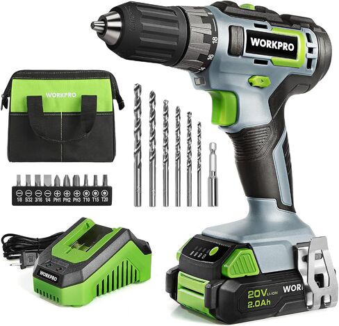 WORKPRO 20V Cordless Drill Driver Kit, 3/8'' Keyless Chuck, 2.0 Ah Li-ion Battery, 1 Hour Fast Charger and 11-inch Green Storage Bag Included in Kuwait
