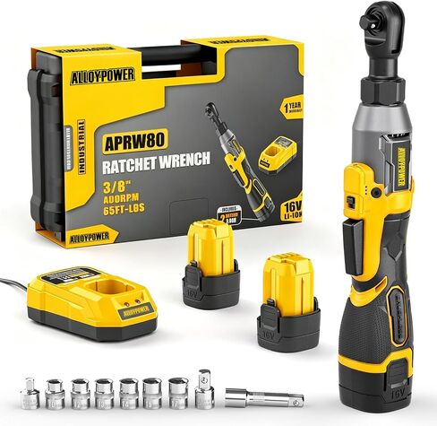 Cordless Ratchet Wrench, 3/8" 16V Brushless 65 ft-lbs, 2 Batteries | Drop-resistant alloy body,6 sockets (10-17mm), 1/4" & 1/2" adapters, 3" extension bar, fast charger, built-in LED, 0-400 RPM in Saudi Arabia