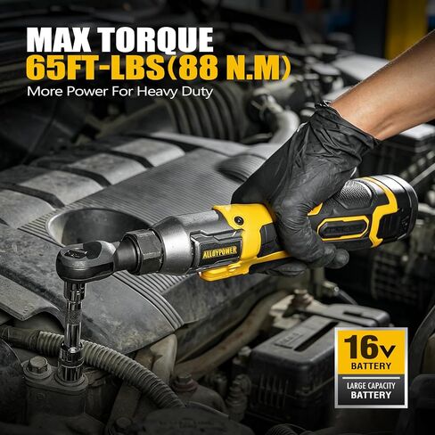Cordless Ratchet Wrench, 3/8" 16V Brushless 65 ft-lbs, 2 Batteries | Drop-resistant alloy body,6 sockets (10-17mm), 1/4" & 1/2" adapters, 3" extension bar, fast charger, built-in LED, 0-400 RPM in Saudi Arabia