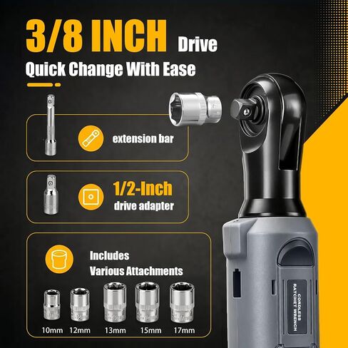 3/8" Cordless Ratchet Wrench Compatible With DEWALT 20V MAX Battery(Tool Only), 89Ft-Lbs(120N.m), Electric Ratchet Wrench Set with Variable Speed, LED Light, 5 Sockets, 3" Extension Bar, 1/2" Adapter in Kuwait